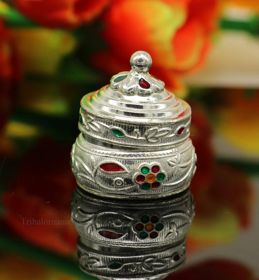 Solid sterling silver unique antique design handmade brides eyes kajal box, surma box, kumkum sindur box, small trinket box article stb238 - TRIBAL ORNAMENTS