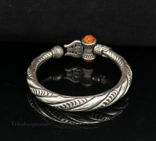 925 Sterling silver handmade chitai work Lord Shiva trident trishul kada bangle bracelet with natural Rudraksha customized kada nssk470 - TRIBAL ORNAMENTS