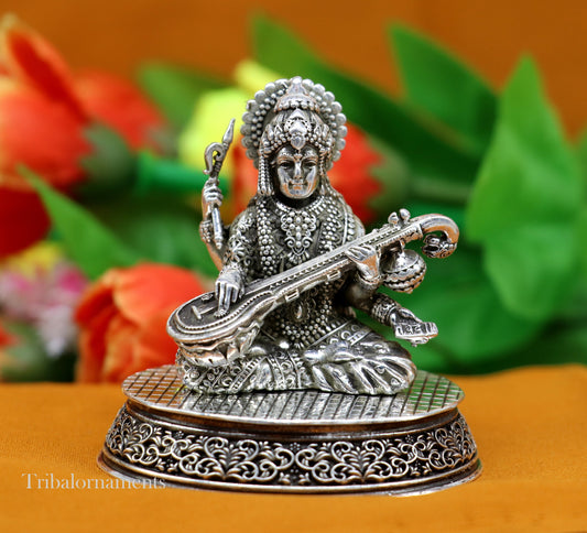 925 Sterling silver handmade customized Hindu idol Saraswati  sharda maa statue, puja article figurine,Diwali puja gift Articles art219 - TRIBAL ORNAMENTS