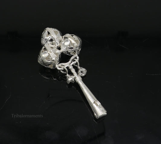 Solid sterling silver handmade design new born baby gifting bells toy, baby krishna gifting toy, silver whistle, silver temple article su408 - TRIBAL ORNAMENTS