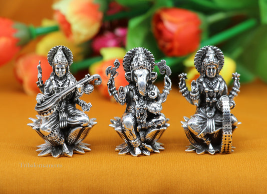 2." 925 Sterling silver handmade Hindu idols Laxmi, Ganesha and Saraswati statue, puja article figurine, best Diwali festival puja art55 - TRIBAL ORNAMENTS