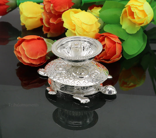 Diwali puja special solid silver handmade tortoise design oil lamp, silver deepak diya, silver temple utensils ,silver puja articles su414 - TRIBAL ORNAMENTS