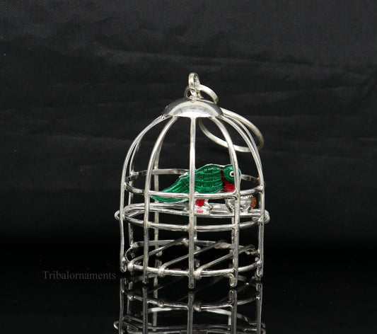 Solid sterling silver handmade toy for idol krishna, silver parrot with cage, silver article for gifting to God or idol Krishna,  su446 - TRIBAL ORNAMENTS