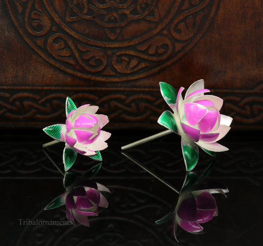 Solid sterling silver handmade small lotus flower puja god temple article, excellent customized enamel silver worshipping articles su448 - TRIBAL ORNAMENTS