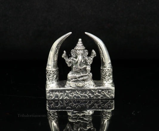 925 Sterling silver Idol lord Ganesha, Pooja Articles, Indian Silver Idols, handcrafted Ganesh statue sculpture Diwali puja gifting Art154 - TRIBAL ORNAMENTS