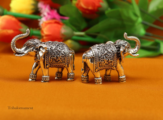 925 Sterling silver Kandrai work Nakshi/ chitai design customized Elephant statue brings luck and fortune, décor Diwali puja articles su497 - TRIBAL ORNAMENTS