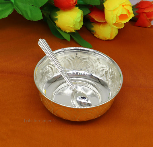 999 fine silver handmade kandrai nakshi work bowl, silver puja vessel, silver worshipping/puja utensils prasad bowl baby bowl sv245 - TRIBAL ORNAMENTS