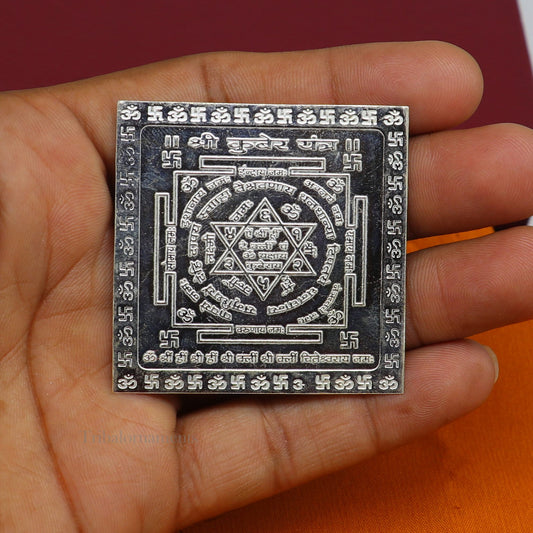 925 sterling silver handmade Shree kubera Yantra, silver holy divine yantra for wealth and prosperity, best puja article gifting su544 - TRIBAL ORNAMENTS