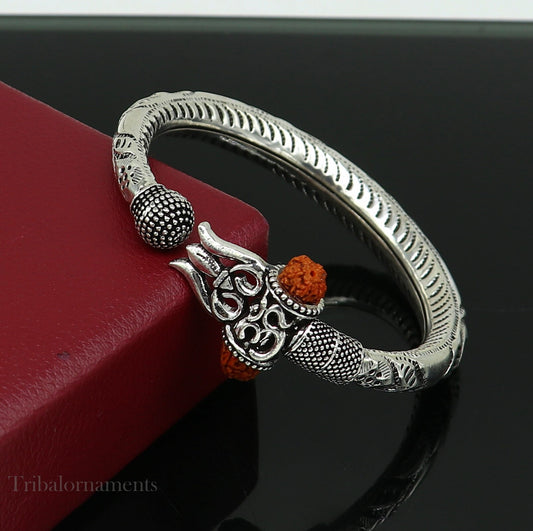 Lord Shiva trident trishul trishool kada 925 Sterling silver handmade bangle bracelet with natural Rudraksha customized kada nsk382 - TRIBAL ORNAMENTS