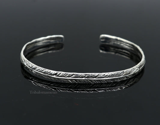 925 sterling silver vintage antique feather design handmade adjustable cuff bangle bracelet kada unisex men's or girl's jewelry nsk370 - TRIBAL ORNAMENTS