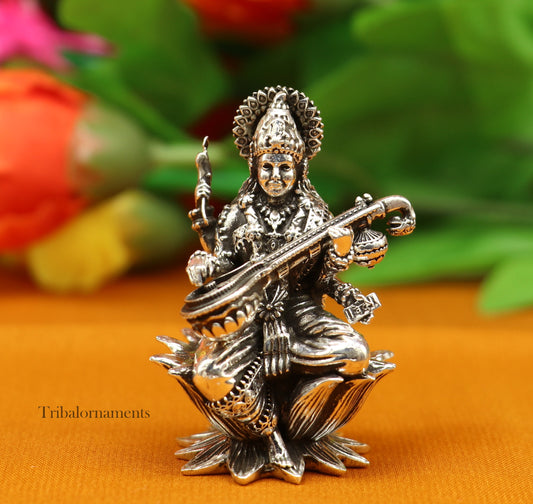 2.5" small 925 Sterling silver handmade customized Hindu idol Saraswati sharda maa statue, puja article figurine, home décor Articles art57 - TRIBAL ORNAMENTS