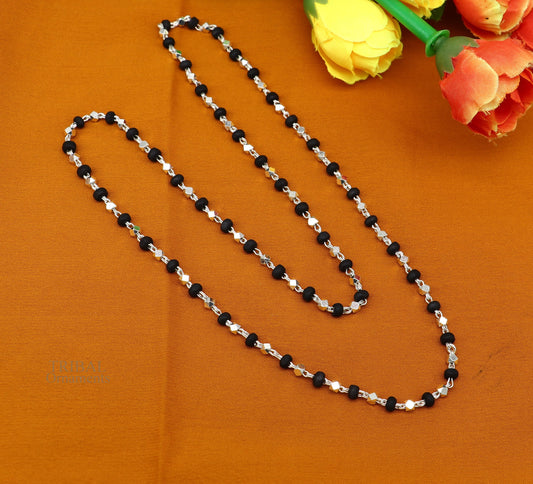 24" 925 sterling silver black holy basil rosary wooden beads 4mm solid chain necklace, excellent unisex stylish necklace from india ch144 - TRIBAL ORNAMENTS