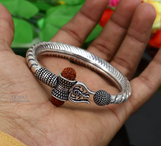 Exclusive 925 Sterling silver handmade chitai work Lord Shiva trident trishul bangle bracelet natural Rudraksha beads customized kada nsk440 - TRIBAL ORNAMENTS