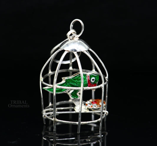 Solid sterling silver handmade toy for idlo krishna, silver parrot with cage, silver article for gifting to God or idol Krishna,  su691 - TRIBAL ORNAMENTS