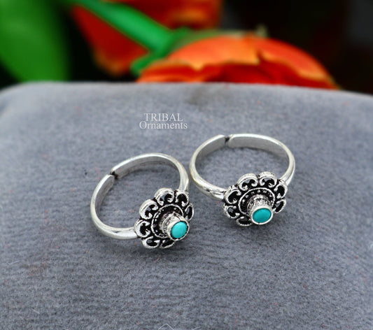 925 sterling silver handmade fabulous tiny toe ring band turquoise stone tribal belly dance vintage style ethnic jewelry from India toer144 - TRIBAL ORNAMENTS