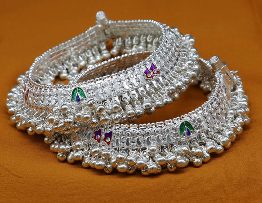 Vintage design handmade solid silver heavy anklet, excellent foot charm bracelet, amazing belly dance tribal jewelry from india ank460 - TRIBAL ORNAMENTS