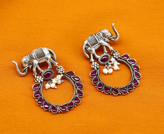 925 sterling silver handmade elephant design stud earring with gorgeous red cut stone, pearls earring best gifting ethnic jewelry s1027 - TRIBAL ORNAMENTS