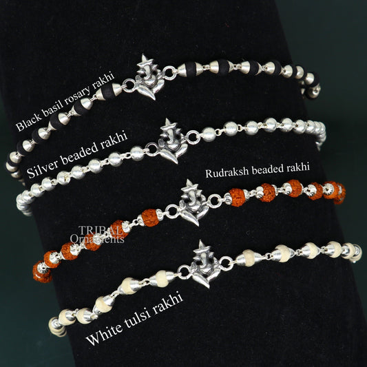 925 sterling silver handmade lord Ganesha design Rakhi bracelet amazing Rudraksha or Tulsi beaded bracelet, use as daily use jewelry rk191 - TRIBAL ORNAMENTS