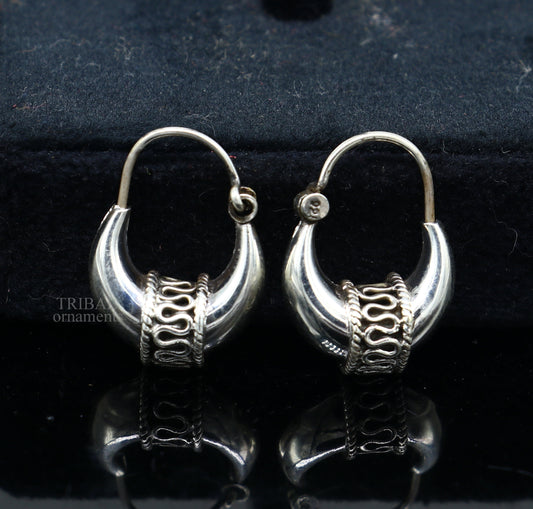 925 sterling silver Handmade vintage ethnic style hoops earrings Kundal unisex tribal stylish unique Bali jewelry from India ear1214 - TRIBAL ORNAMENTS