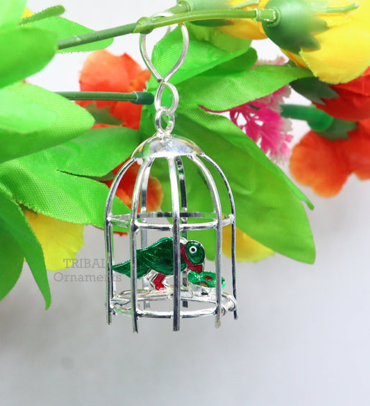 Solid sterling silver handmade toy for idol krishna, silver parrot and cage, silver article for gifting to God or idol Krishna  su768 - TRIBAL ORNAMENTS