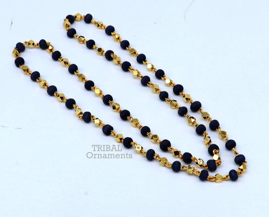 Sterling silver handmade wooden beads basil rosary beads silver chain over gold polished, black tulsi mala customized necklace ch161 - TRIBAL ORNAMENTS