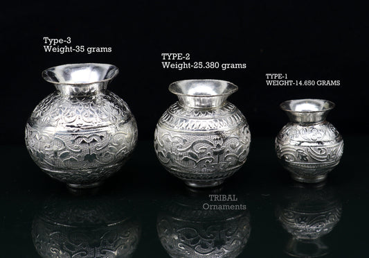 Pure 925 sterling silver handmade plain small Kalash or pot, unique special silver puja article, water or milk kalash pot india su761 - TRIBAL ORNAMENTS