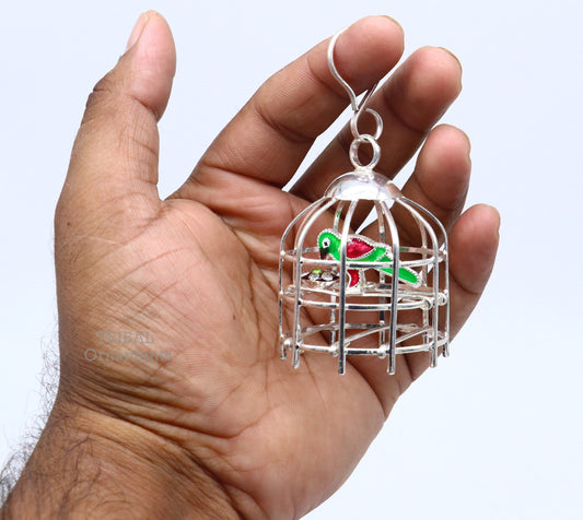 Solid sterling silver handmade toy for idol krishna, silver parrot and cage, silver article for gifting to God or idol Krishna  su767 - TRIBAL ORNAMENTS