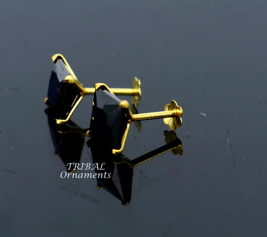 6mm 18kt yellow gold handmade single black stone back screw stud earring cartilage customized unisex jewelry er139 - TRIBAL ORNAMENTS