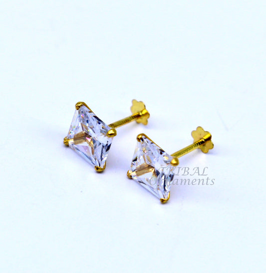 6mm OR 5 mm 18kt yellow gold handmade single cubic zircon stone square shape stud earring cartilage customized unisex jewelry er143 - TRIBAL ORNAMENTS