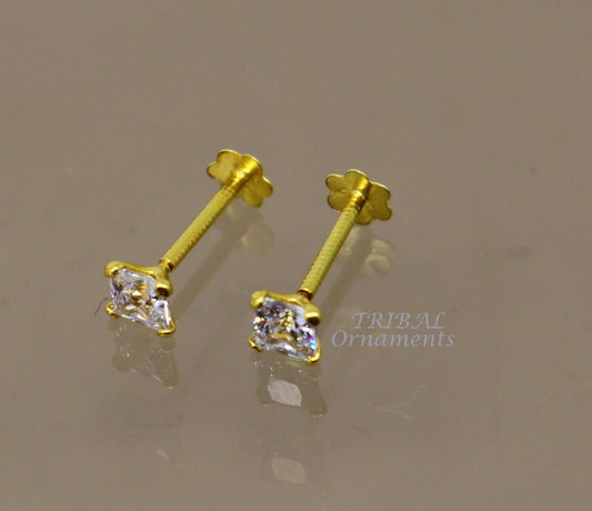 3mm 18kt yellow gold handmade single white stone back screw square shape stud earring cartilage customized unisex jewelry er144 - TRIBAL ORNAMENTS