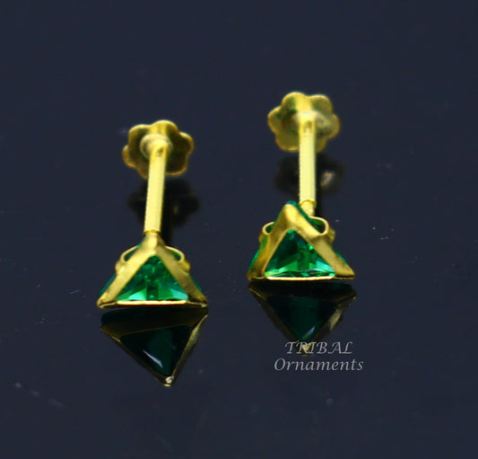 4mm 18kt yellow gold handmade single green stone Triangle shape stud earring cartilage earring customized unisex screw back jewelry er151 - TRIBAL ORNAMENTS