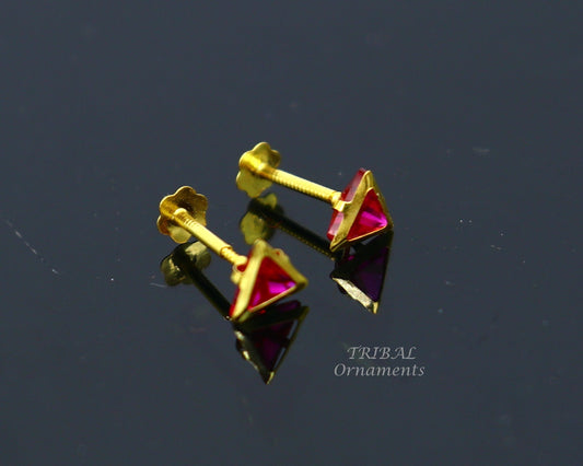 4mm 18kt yellow gold handmade single red stone Triangle shape stud earring cartilage earring customized unisex screw back jewelry er152 - TRIBAL ORNAMENTS