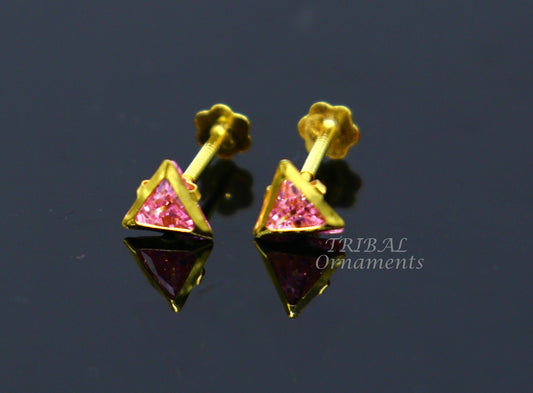 4mm 18kt yellow gold handmade single Pink stone Triangle shape stud earring cartilage earring customized unisex screw back jewelry er153 - TRIBAL ORNAMENTS