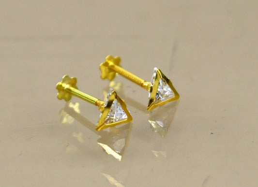 4mm 18kt yellow gold handmade single stone Triangle shape stud earring cartilage earring customized unisex screw back jewelry er154 - TRIBAL ORNAMENTS