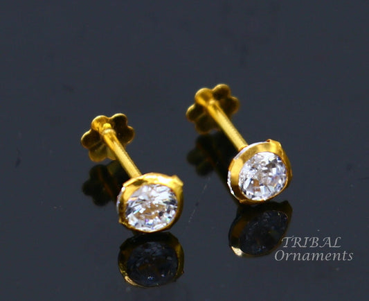 4mm 18k yellow gold handmade fabulous cubic zircon stone excellent antique vintage design stud earrings pair unisex jewelry er157 - TRIBAL ORNAMENTS