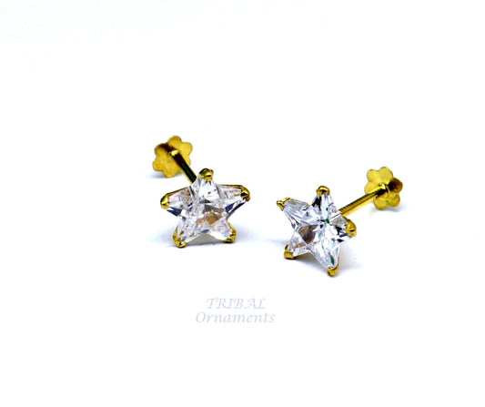 6mm 18kt yellow gold handmade single cubic zircon stone back screw star shape stud earring cartilage customized unisex jewelry er145 - TRIBAL ORNAMENTS