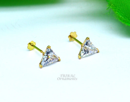 6mm 18kt yellow gold handmade single stone Triangle shape stud earring cartilage earring customized unisex screw back stud jewelry er147 - TRIBAL ORNAMENTS