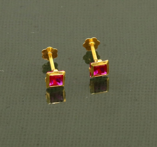 3MM/3.5/4mm single red stone 18kt yellow gold handmade square shape fabulous screw back stud earring or nose in unisex jewelry er122 - TRIBAL ORNAMENTS