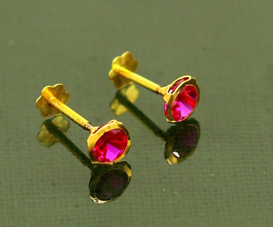 4mm 18k yellow gold handmade fabulous red cubic zircon stone excellent antique vintage design stud earrings pair unisex jewelry er114 - TRIBAL ORNAMENTS