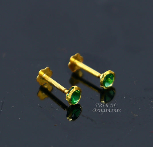 3mm 18k yellow gold handmade fabulous green cubic zircon stone excellent antique vintage design stud earrings pair unisex jewelry er156 - TRIBAL ORNAMENTS