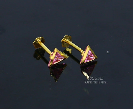 4mm tiny single pink stone handmade 18kt yellow gold combo jewelry we can use as stud or nose stud , baby stud cartilage jewelry er159 - TRIBAL ORNAMENTS