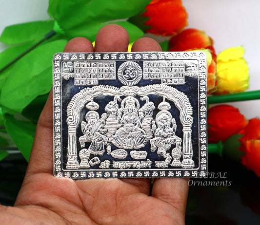 925 sterling silver handmade Shree Mahalakshmi frame with Ganesha and Sarashwati  silver holy divine article for wealth and prosperit su828 - TRIBAL ORNAMENTS