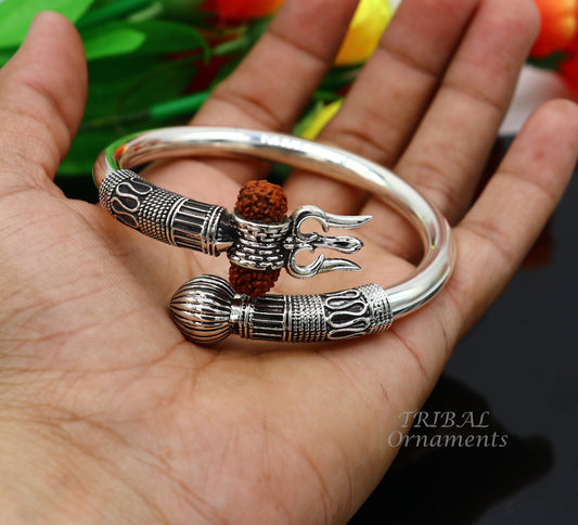 925 Sterling silver handmade plain shiny Lord Shiva trident trishul kada bangle bracelet with natural Rudraksha customized kada nsk516 - TRIBAL ORNAMENTS