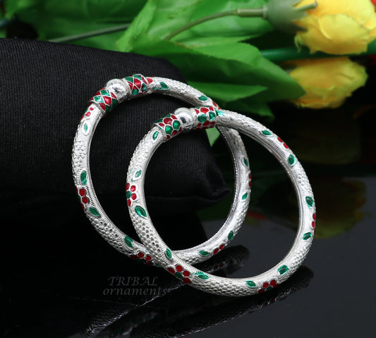 Sterling silver handmade Single ball enamel design bangle bracelet kada, fabulous silver jewelry for unisex kids from India nsk549 - TRIBAL ORNAMENTS