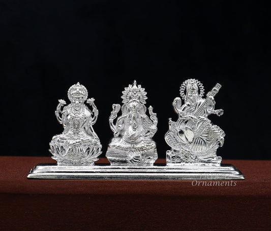 Solid Sterling silver handmade Hindu idols Laxmi,Ganesha and Saraswati statue, puja article figurine, home décor Diwali puja gift ART562 - TRIBAL ORNAMENTS