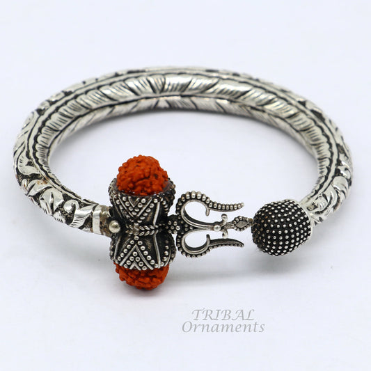 925 Sterling silver handmade chitai work Lord Shiva trident trishul kada bangle bracelet with natural Rudraksha customized kada nsk566 - TRIBAL ORNAMENTS