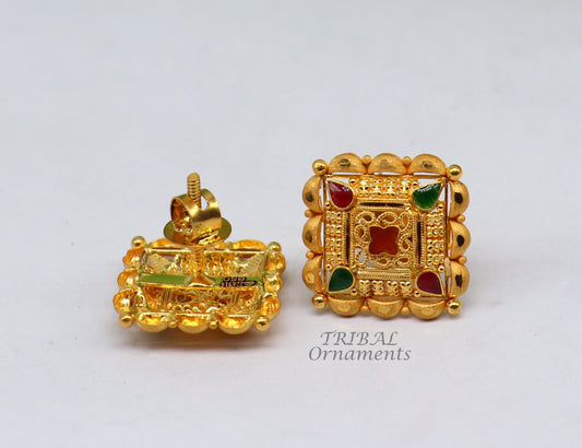 Indian traditional design handmade fabulous flower design 22k 22 carat yellow gold hand carved  stud earring for women's jewelry ER166 - TRIBAL ORNAMENTS