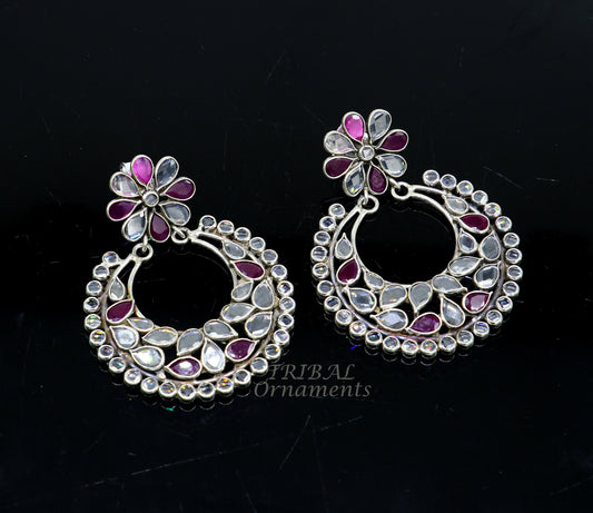 925 sterling silver handmade flower design stud earring amazing crystal polki cut stone ethnic tribal belly dance jewelry best gifts s1092 - TRIBAL ORNAMENTS