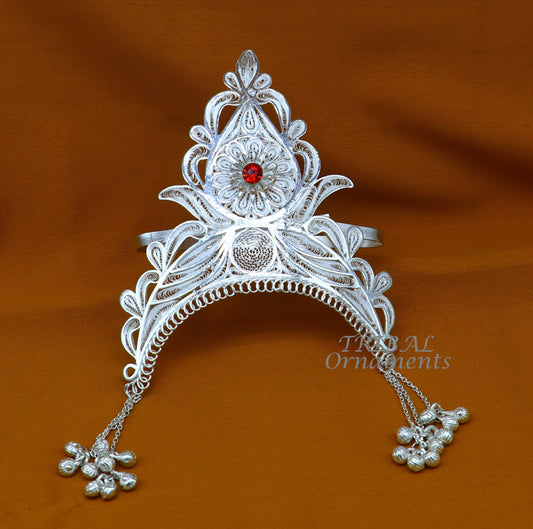 925 sterling silver vintage design handmade mukut (crown), amazing stylish work design silver god crown home temple god article art su974 - TRIBAL ORNAMENTS