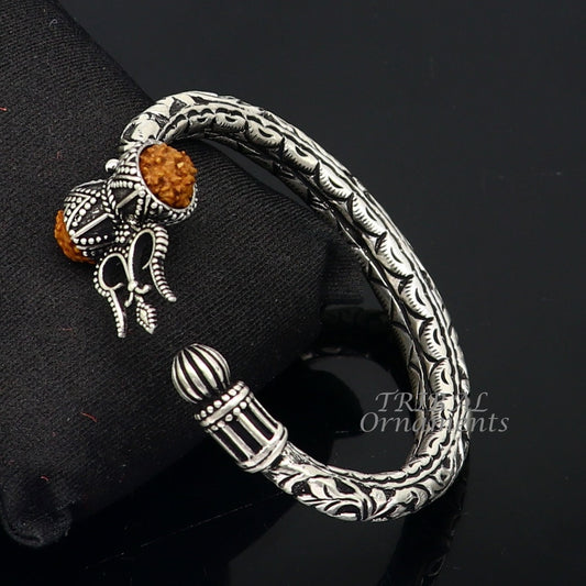 925 Sterling silver handmade chitai work Lord Shiva trident trishul kada bangle bracelet with natural Rudraksha customized kada nsk592 - TRIBAL ORNAMENTS